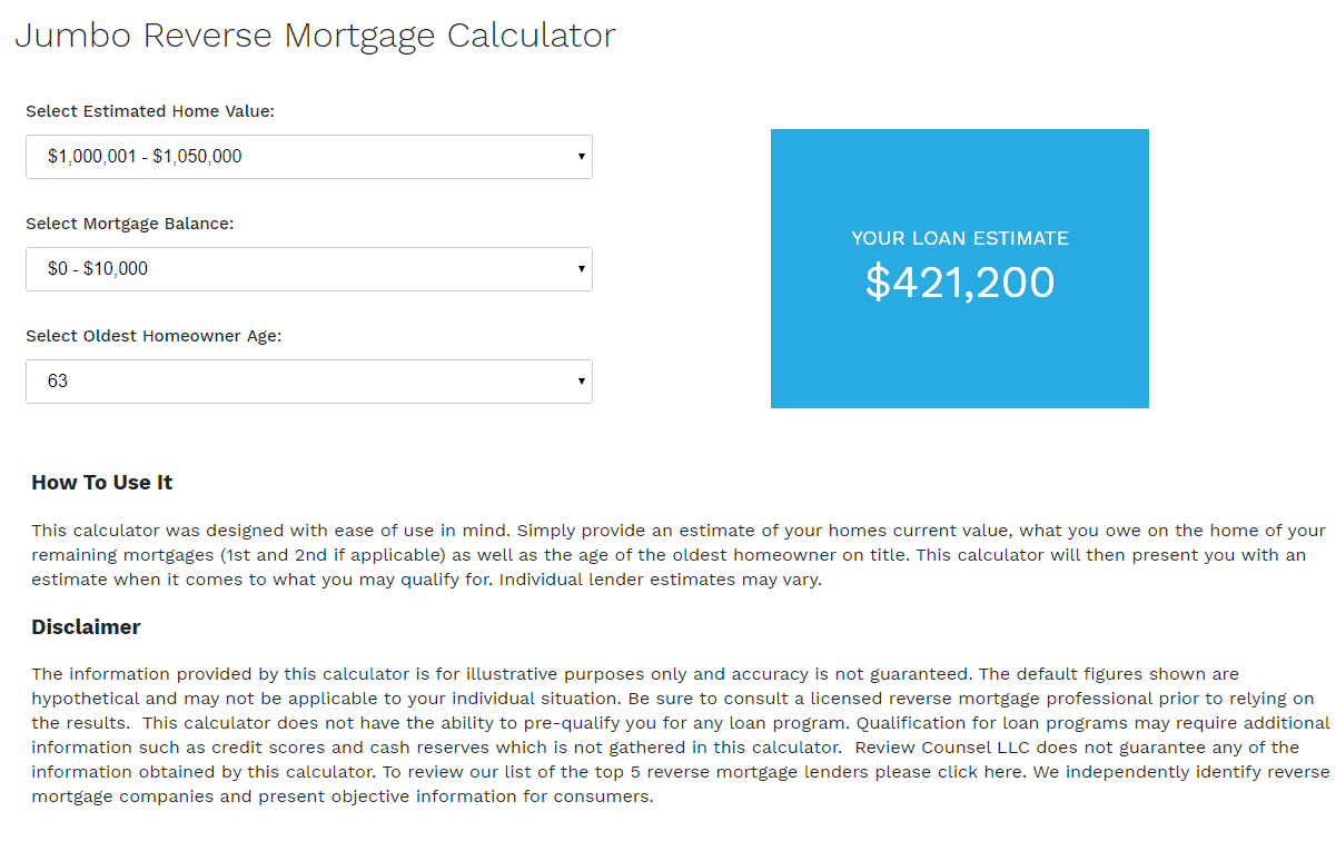 Free Jumbo Reverse Mortgage Calculator Review Counsel